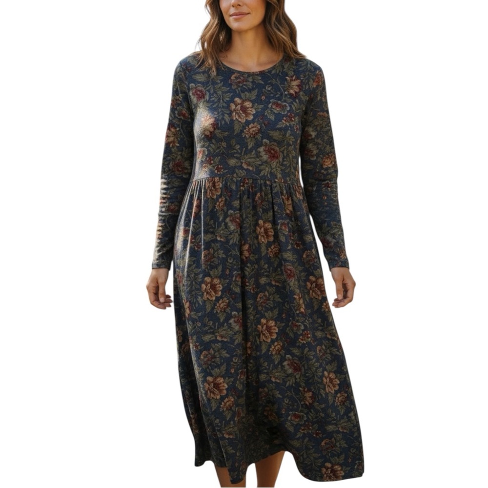 VTG Capacity Knits Dark Floral Cotton Knit Maxi Dress w/ Long Sleeves - Small